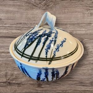 Pottery Bowl With Lid and Blue Flowers